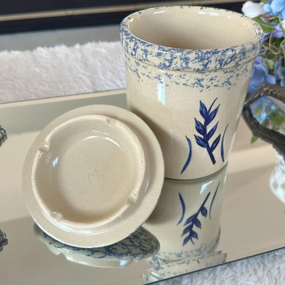 Vintage Roseville OH 1 Quart Crock Salt Glazed Robinson Ransbottom Blue Wheat